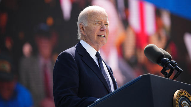 President Biden delivers a speech during the U.S. ceremony marking the 80th anniversary of the World War II "D-Day" Allied landings in Normandy, at the Normandy American Cemetery and Memorial in Colleville-sur-Mer, which overlooks Omaha Beach in northwestern France, on June 6, 2024. 