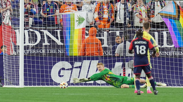 Ryan Meara #18 of New York Red Bulls makes a save during game between New York Red Bulls and New England Revolution at Gillette Stadium on June 8, 2024 in Foxborough, Massachusetts. 