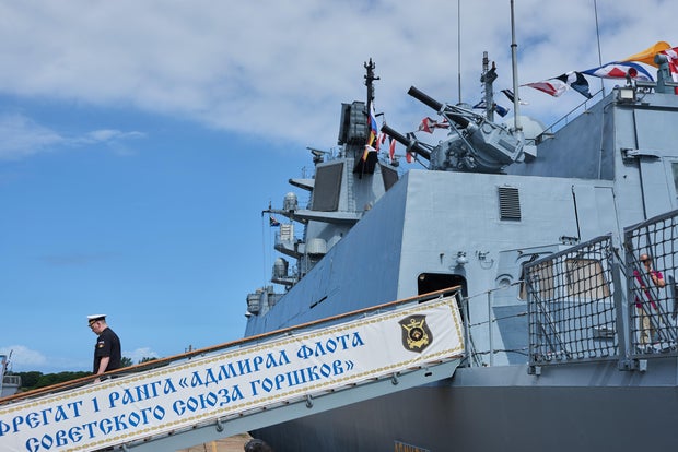 A member of the Russian navy disembarks from the Russian frigate Admiral Gorshkov, ahead of naval drills between Russia, South Africa and China, in Richards Bay, South Africa, Feb. 22, 2023.