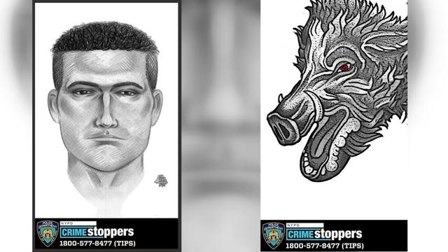 A sketch of a man wanted in connection to a sexual assault and a tattoo he allegedly has (a furry board head with its mouth open and red eyes). 