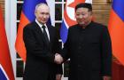 North Korean leader Kim Jong Un and Russian President Vladimir Putin shaking hands 