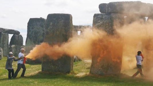 Stonehenge sprayed with orange paint by Just Stop Oil activists demanding U.K. phase out fossil fuels