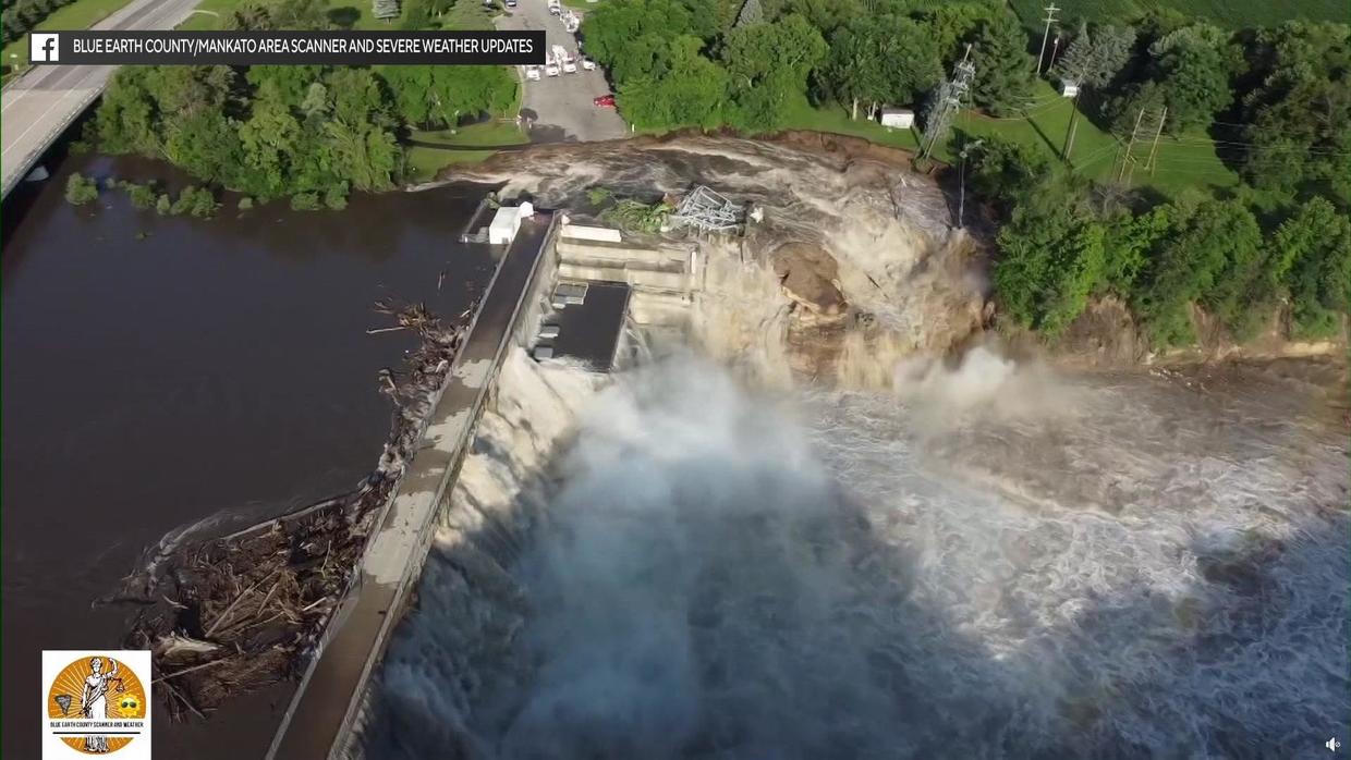 Flooding causes the Rapidan Dam near Mankato to fail; Local residents