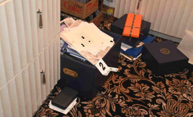 A photo taken by the FBI included in a motion filed by special counsel Jack Smith on June 24, 2024, showing a blue box located in the "45 Office," which prosecutors said contained documents marked classified.