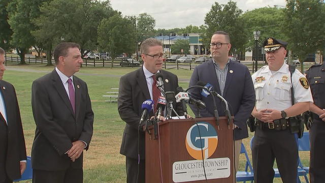 Lawmakers and police leaders speak at a press conference in Gloucester Township, New Jersey 