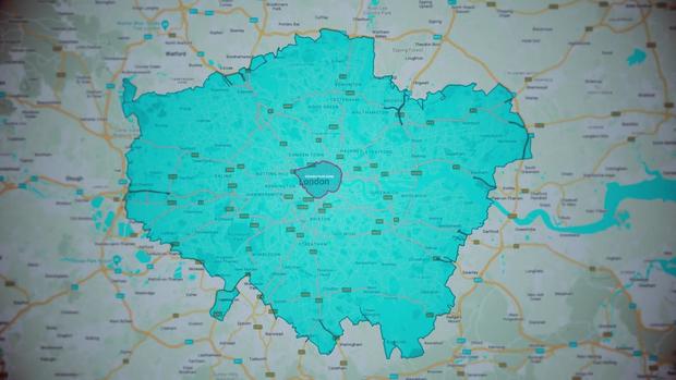 A map showing the larger congestion zone in London for high-emissions vehicles 
