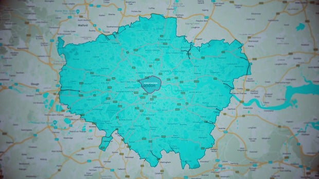 A map showing the larger congestion zone in London for high-emissions vehicles