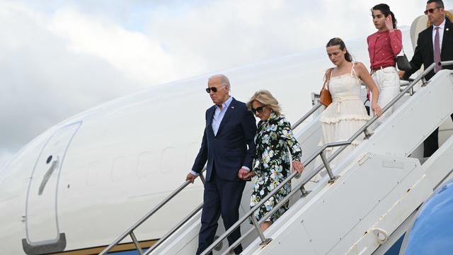 President Biden and First Lady Jill Biden, trailed by granddaughters Finnegan and Natalie, step off Air Force One upon arrival at McGuire Air Force Base in New Jersey on June 29, 2024. 