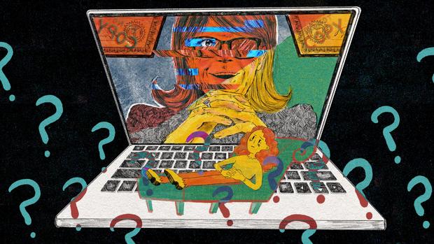 An illustration in pencil shows a therapist on the screen of a laptop. The therapist is an o lder woman and crosses her fingers in front of her face as she smiles. Her eyes are concealed by thick glasses. The screen glitch es and momentarily shows part of 