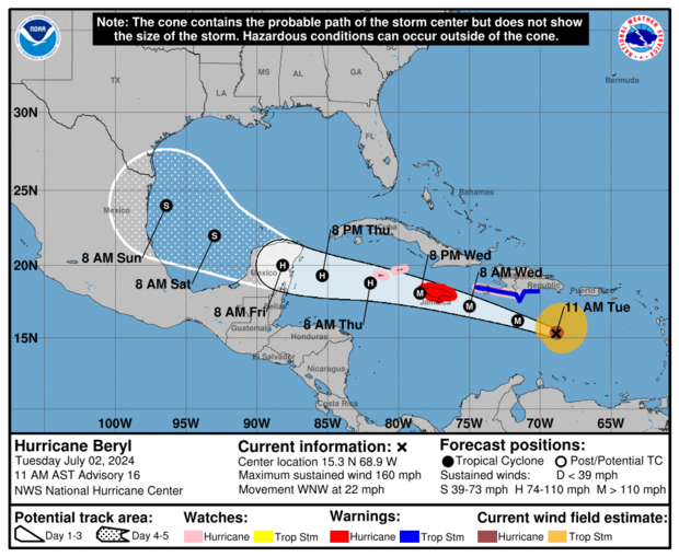 A map from the U.S. National Hurricane Center shows the projected path of Hurricane Beryl as of 11 a.m. ET on July 2, 2024. 