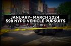 A graphic reading "January - March 2024: 598 NYPD vehicle pursuits" superimposed over an image of a car crash blocked off by crime scene tape. 