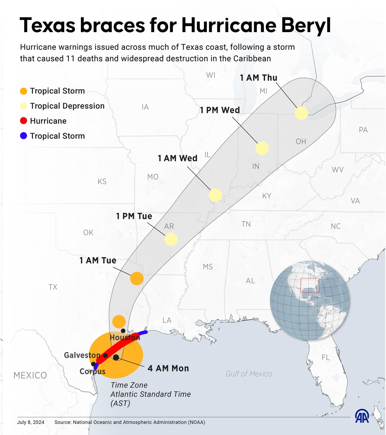 Map of Hurricane Beryl's path after making landfall in Texas 