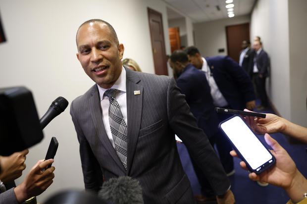 House Minority Leader Hakeem Jeffries speaks to reporters as he leaves a meeting at the U.S. Capitol on July 8, 2024, in Washington, D.C.  