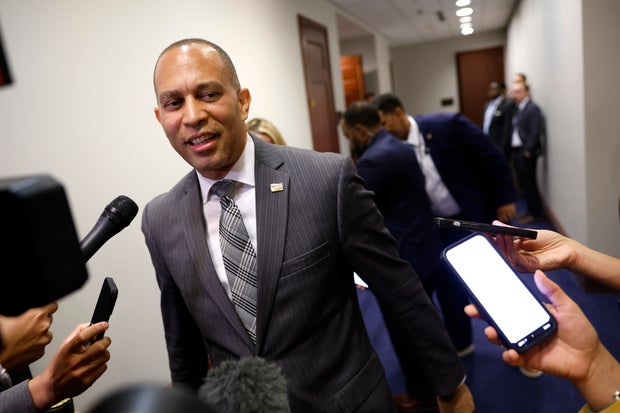 House Minority Leader Hakeem Jeffries speaks to reporters as he leaves a meeting at the U.S. Capitol on July 8, 2024, in Washington, D.C.
