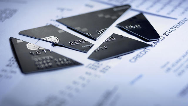 Close up of cut pieces of credit card 