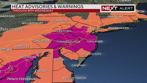 Excessive heat warning (pink) and heat advisory (orange) for July 10, 2024 