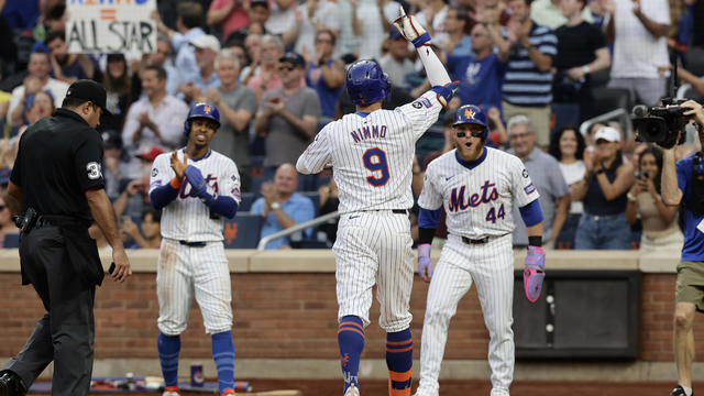 Brandon Nimmo #9 of the New York Mets celebrates his second inning three-run home run against the Washington Nationals with teammates Harrison Bader #44 and Francisco Lindor #12 at Citi Field on July 09, 2024 in New York City. 