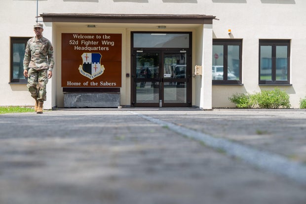 A U.S. Air Force soldier comes out of the headquarters of the 52d Fighter Wing at Spangdahlem Air Base in Germany on May 23, 2024