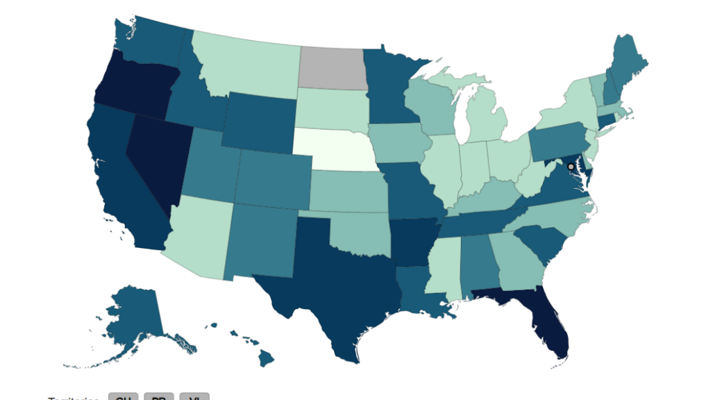 Map shows states where COVID levels are 