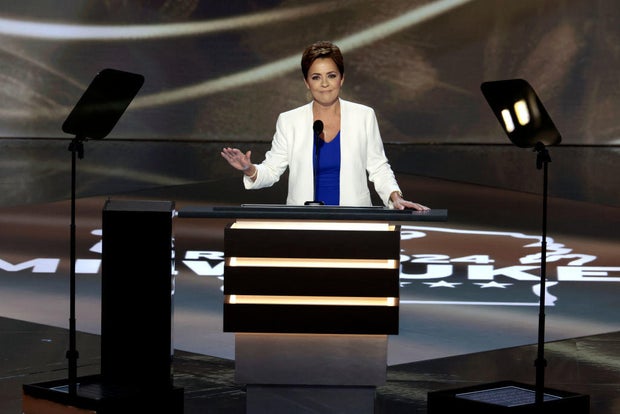 Kari Lake, Republican Senate candidate for Arizona, speaks during the Republican National Convention at the Fiserv Forum in Milwaukee, Wisconsin, on Tuesday, July 16, 2024.