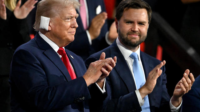 Former President Donald Trump, left, and Senator JD Vance, a Republican from Ohio and Republican vice-presidential nominee, during the Republican National Convention at the Fiserv Forum in Milwaukee, Wisconsin, US, on Monday, July 15, 2024. 