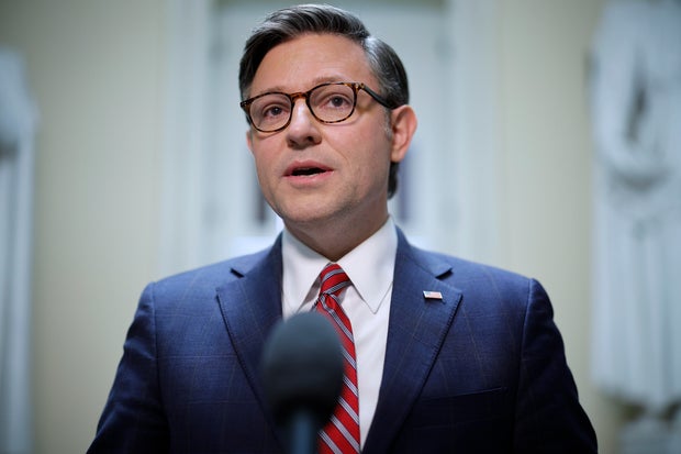 Speaker of the House Mike Johnson talks to reporters at the Capitol on June 28, 2024, in Washington, D.C.