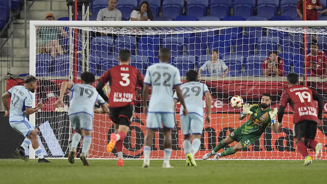 CF Montréal's Josef Martínez (17) scores on New York Red Bulls goalkeeper Carlos Miguel Coronel (31) during the second half of an MLS soccer match Wednesday, July 17, 2024, in Harrison, N.J. 
