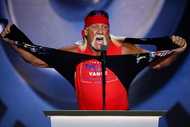 Hulk Hogan rips his shirt as he speaks on stage on the fourth day of the Republican National Convention at the Fiserv Forum on July 18, 2024, in Milwaukee, Wisconsin.