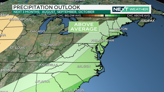 A map showing that above-average precipitation is expected in the Delaware Valley over the next 90 days 