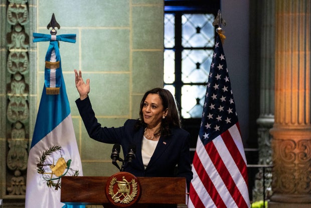 Vice President Kamala Harris speaks while Guatemalan President Alejandro Giammattei listens at the Palacio Nacional de la Cultura on on Monday, June 7, 2021.