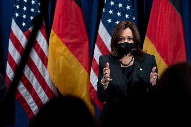 Vice President Kamala Harris speaks to the media at her hotel after attending the Munich Security Conference on Feb. 20, 2022, in Germany. 