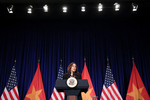 Vice President Kamala Harris holds a press conference before departing Vietnam for the U.S. following her first official visit to Asia in Hanoi on Aug. 26, 2021. 
