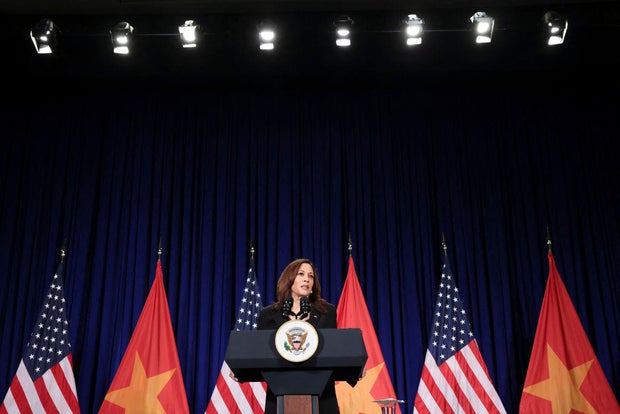 Vice President Kamala Harris holds a press conference before departing Vietnam for the U.S. following her first official visit to Asia in Hanoi on Aug. 26, 2021.