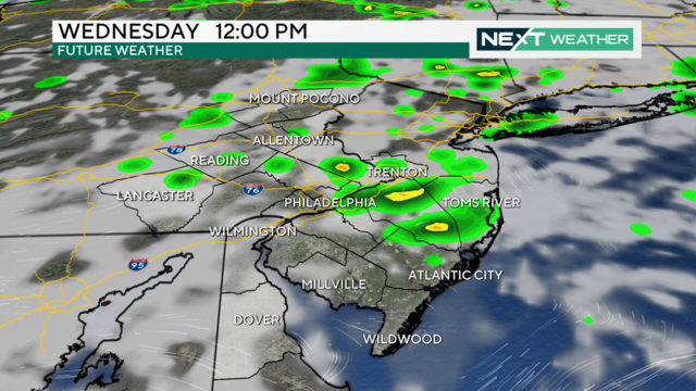 A map showing some localized rainstorms Wednesday at noon 