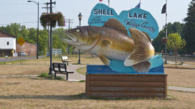 Wisconsin, Shell Lake Two Tailed Walleye Statue Roadside Attraction 
