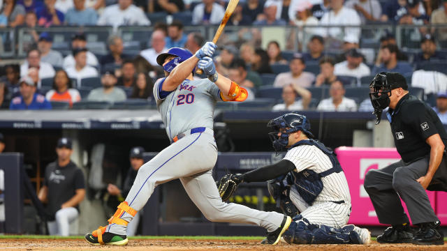 Pete Alonso #20 of the New York Mets hits a two run home run during the third inning of the game against the New York Yankees on July 24, 2024 at Yankee Stadium in the Bronx, New York. 