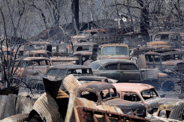 Vintage vehicles that were burned in the Park Fire are seen near Chico, California, July 26, 2024.