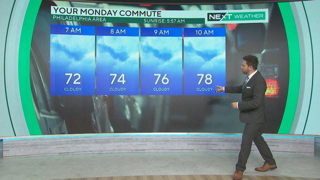 A weather graphic showing the Monday morning commute, it will be 72 degrees at 7 a.m., rising to 78 by 10 a.m. 