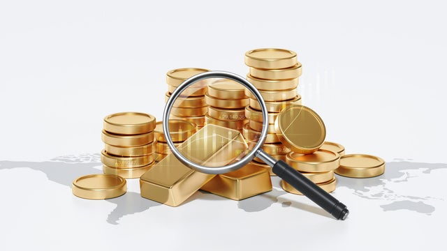 Investment of business gold stock price market financial exchange or golden precious coin currency savings money and rich finance trade on future profit 3d background with global economy graph chart. 