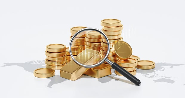 Investment of business gold stock price market financial exchange or golden precious coin currency savings money and rich finance trade on future profit 3d background with global economy graph chart.