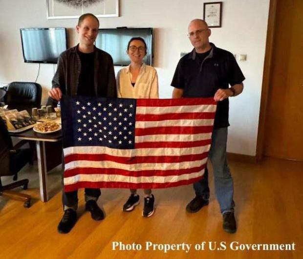 Evan Gershkovich, Alsu Kurmasheva and Paul Whelan after their release 
