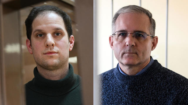 Evan Gershkovich, left, and Paul Whelan in photos from Russian court appearances. 