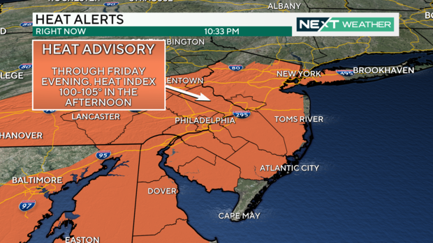 A map showing that most of the Delaware Valley is under a heat advisory through Friday evening 