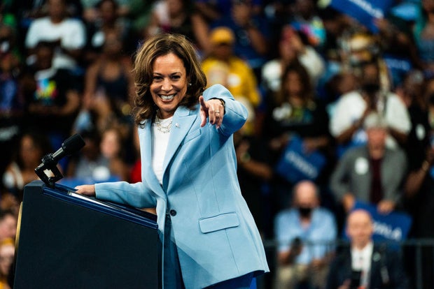 Vice President Kamala Harris points to the crowd during a campaign event in Atlanta on Tuesday, July 30, 2024.