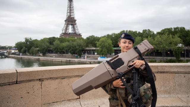 A member of Operation Sentinelle is seen on guard at the 