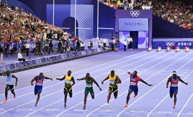 Finish line of the men's 100m final at the 2024 Olympics 