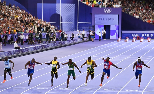 Finish line of the men's 100m final at the 2024 Olympics