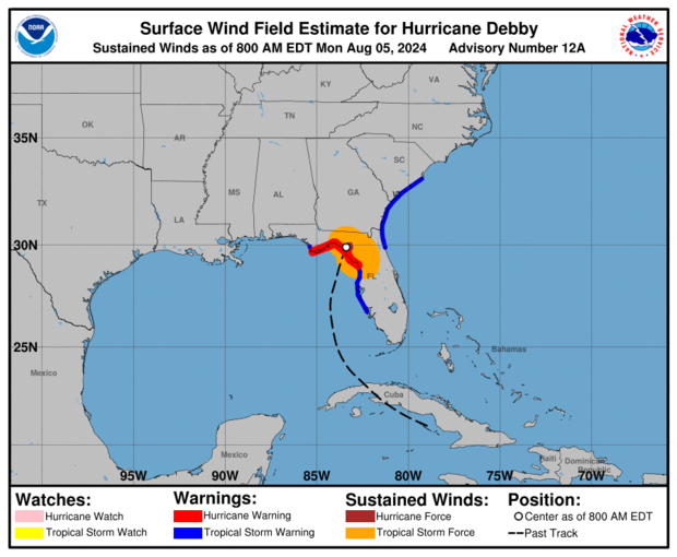 Maps displaying Hurricane Debby's trajectory and future projection