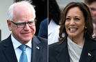 Side by side photos of Tim Walz and Kamala Harris 