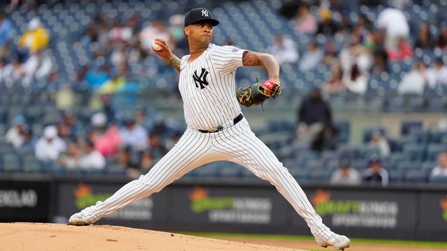 New York Yankees Pitcher Luis Gil (81) delivers a pitch during the first inning of Game 1 of the Major League Baseball game between the Los Angeles Angels and the New York Yankees on August 7, 2024, at Yankee Stadium in the Bronx, NY. 